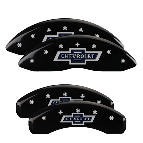 MGP 14252SBANBK - 4 Caliper Covers Engraved F & R 100th Anniv Black Finish Silver Char 2019 Chevy Silverado 1500