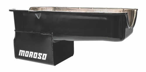 Moroso 20165 - 80-85 Chevrolet SBC (w/Passenger Side Dipstick) Wet Sump 7qt 9.5in Steel Oil Pan - Black
