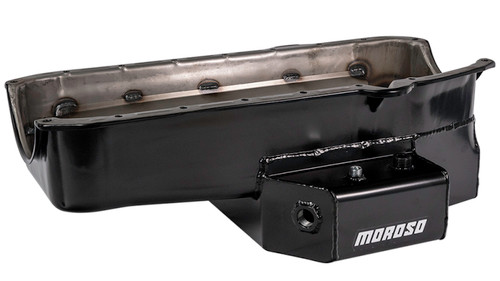 Moroso 21811 - 86-Up Chevrolet SBC (w/1 Pc Seal & Low Clearance) Wet Sump 7qt 7in Steel Oil Pan - Black