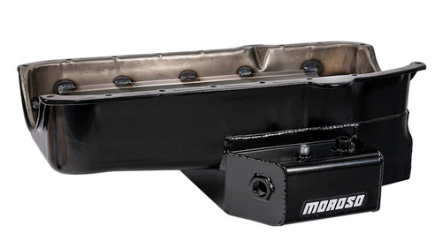 Moroso 21816 - 80-85 Chevy SBC/Dart (w/2 Pc Seal/Low Clearance) Wet Sump 7qt 7in Steel Oil Pan - Black