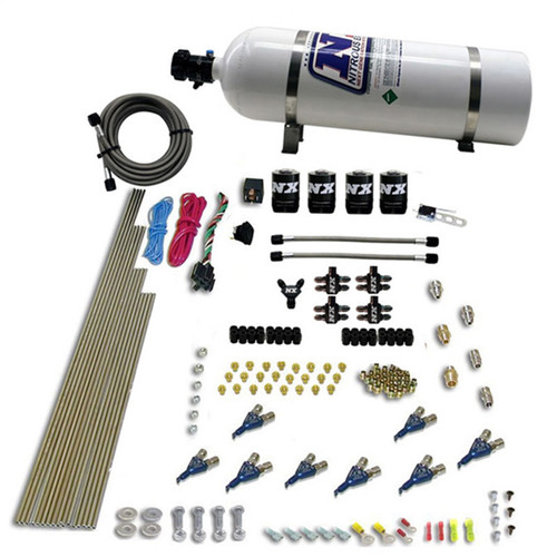 Nitrous Express 80001EFI-15 - 8 Cyl Piranha Direct Port 4 Solenoids Nitrous Kit (200-500HP EFI Jets) w/15lb Bottle