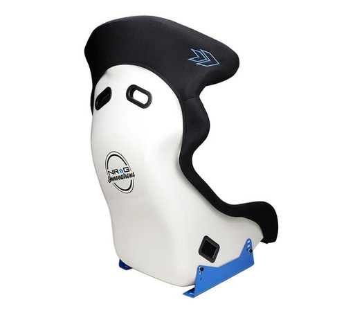 NRG FRP-600WT - FRP Bucket Seat - White Finish with Arrow Embroidery And Blue Side Mount Bracket