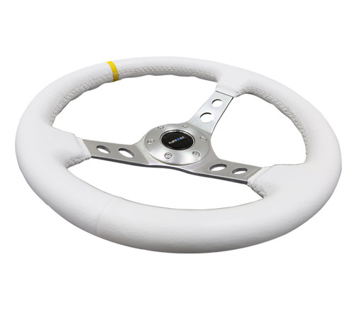 NRG RST-006WT-Y - Reinforced Steering Wheel (350mm / 3in. Deep) Wht Leather w/Silver Spoke & Single Yellow Mark