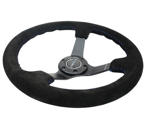 NRG RST-036MB-S-BL - Reinforced Steering Wheel (350mm / 3in. Deep) Blk Suede/Blue BBall Stitch w/5mm Matte Blk Spokes