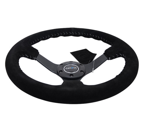 NRG RST-036MB-S-SL - Reinforced Steering Wheel (350mm / 3in. Deep) Blk Suede/Silver BBall Stitch w/5mm Mt. Blk Spokes