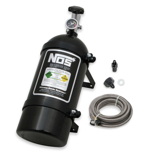 NOS 14761BNOS - 10 lb Nitrous Bottle w/ Black Finish & Super Hi Flo Valve w/ Mounting Brackets & Gauge