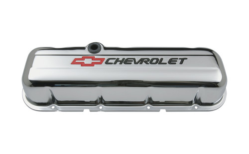 Proform 141-813 - Engine Valve Covers Stamped Steel Tall Chrome w/ Bowtie Logo Fits BB Chevy Embossed Black Chevrolet & Red Bowtie Logos Chevrolet Performance Parts