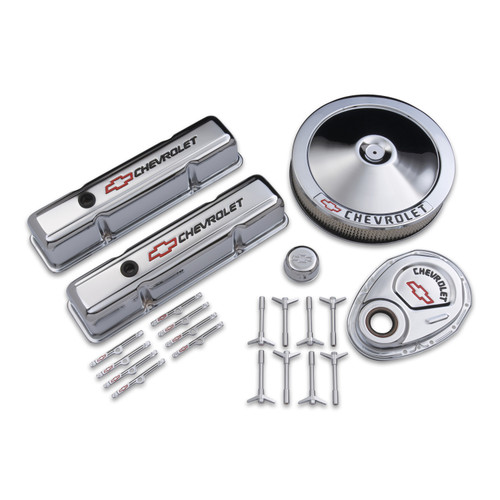 Proform 141-900 - Engine Dress-Up Kit Chrome w/Red Chevy Logo Fits SB Block Chevy Engines Tall Chrome Chevrolet Performance Parts