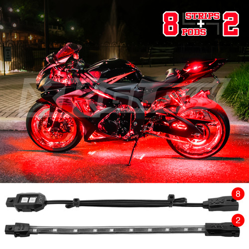 XKGLOW XK034001-R - XK Glow Single Color  LED Accent Light Motorcycle Kit Red - 8xPod + 2x8InStrips