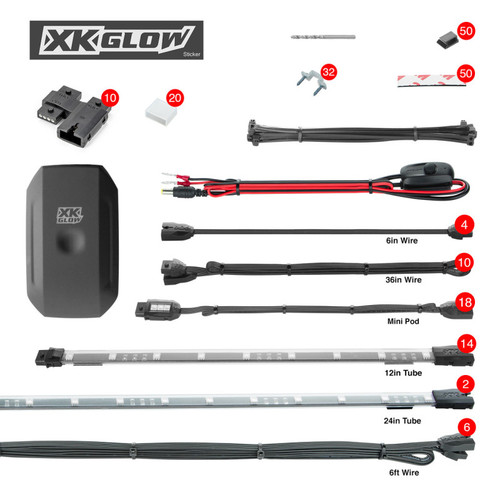 XKGLOW XK-UTV-ADV - XK Glow Tube + 18xPods Million Color XKCHROME App Controlled Offroad UTV Kit 2x24In Tube + 14x12In