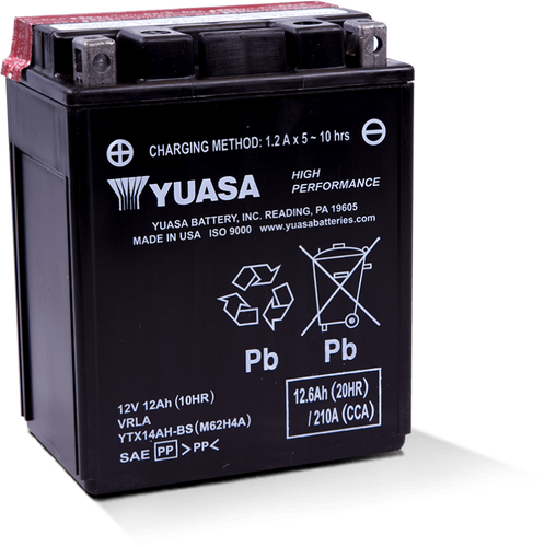 Yuasa Battery YUAM62H4A - Yuasa YTX14AH-BS High Performance AGM 12-Volt Battery w/Bottle