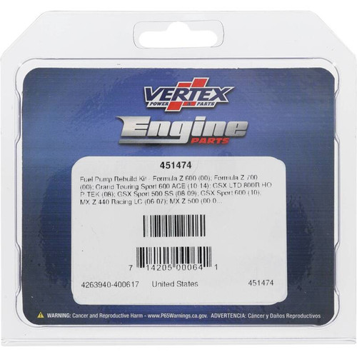 Vertex Pistons 451474 - Vertex Gaskets 02-06 Arctic Cat ZR 440 Sno-Pro Fuel Pump Rebuild Kit
