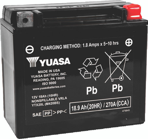 Yuasa Battery YUAM320BS - Yuasa YTX20L-BS Maintenance Free AGM 12-Volt Battery w/Bottle