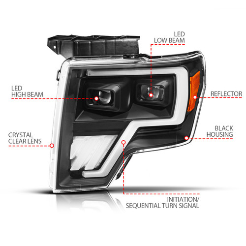 Anzo 111629A - 09-14 Ford F-150 (Factory Halogen Model ONLY) Full LED Proj Headlights Init/SeqSig Black - Pair