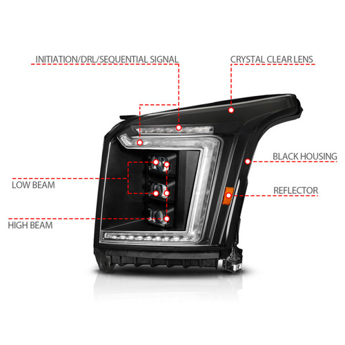 Anzo 111635X-L - 15-20 GMC Yukon (Incl XL - Factory Halogen Models) Full LED Proj Headlights Black - Driver Side