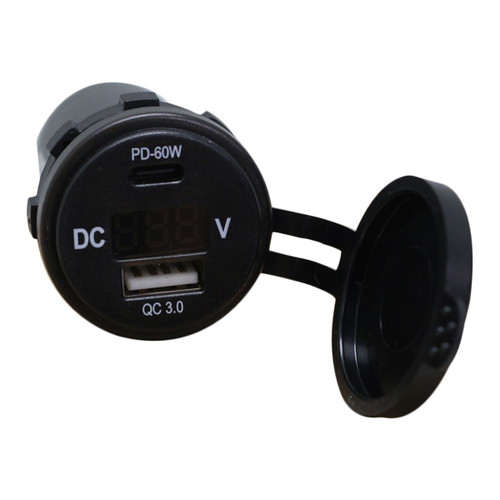 Race Sport RS51915B - Round Socket Auxiliary Digital Voltage Meter and Charging Port Combo with C-Type QC4.0 60W + A-Type USB3.0 36W  Lighting Race Sport RS51915B - Round Socket Auxiliary Digital Voltage Meter and Charging Port Combo with C-Type QC4.0 60W + A-Type USB3.0 36W  Lighting