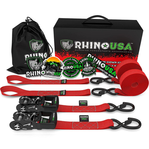 Rhino USA HDKIT-2PK-RED - Heavy Duty Ratchet Tie-Downs 2-Pack (Red) 1.6In X 8Ft