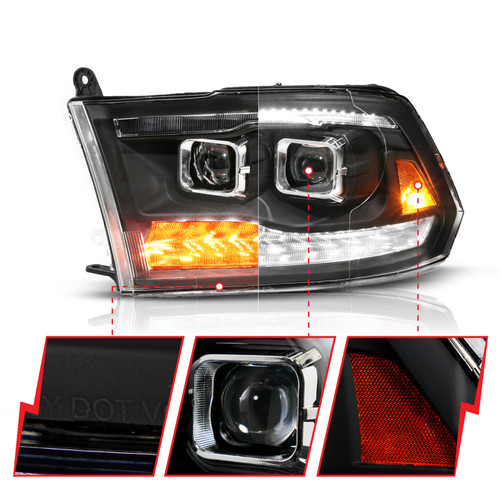 Anzo 111626A - 09-19 Dodge RAM 1500 / 10-18 2500/3500 LED Proj Headlights SeqSig Black - Pair