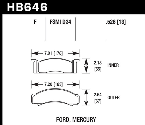 Hawk HB646F.526 - 68-73 Ford Mustang / 68-71 Torino / 68-71 Montego / 68-73 Cougar HPS Street Front Brake Pads