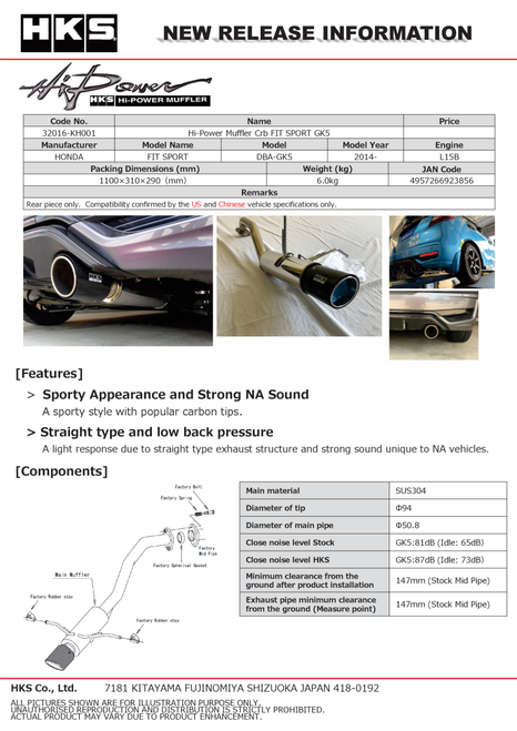 HKS 32016-KH001 - Hi-Power Muffler 2014+ Honda Fit Sport GK5 w/ Carbon Tips