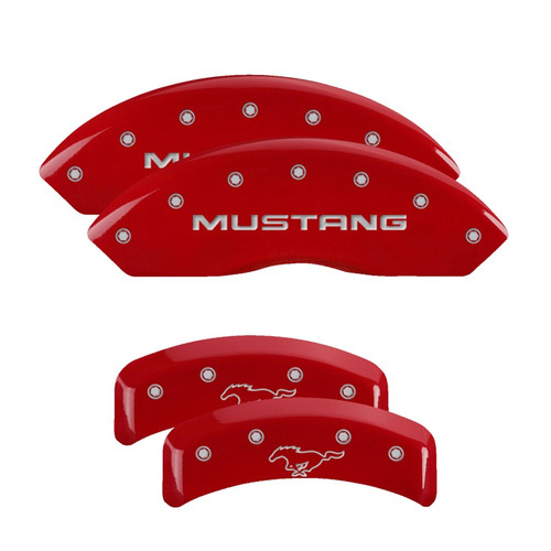 MGP 10095SMPYRD - 4 Caliper Covers Engraved Front Mustang Engraved Rear Pony Red finish silver ch