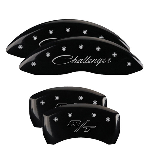 MGP 12001SCLRBK - 4 Caliper Covers Engraved Front Cursive/Challenger Engraved Rear RT Black finish silver ch