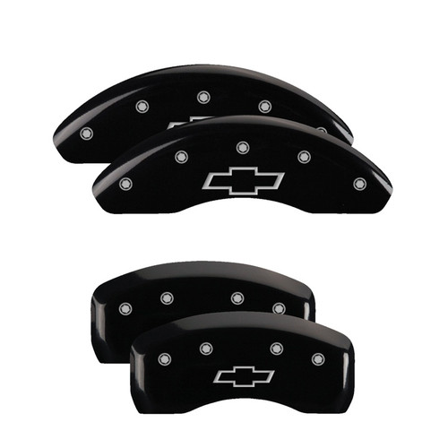 MGP 14246SBOWBK - 4 Caliper Covers Engraved Front & Rear Bowtie Black Finish Silver Char 2019 Chevrolet Bolt EV