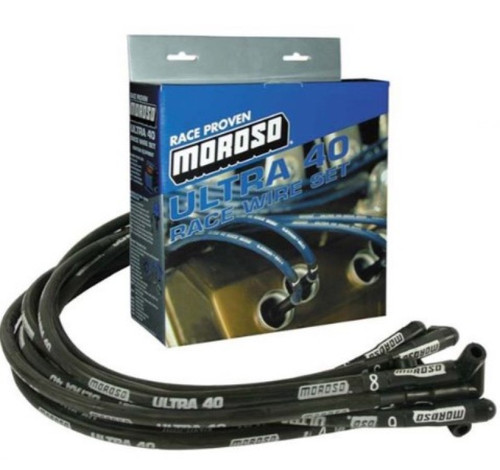 Moroso 73824 - Chevrolet Small Block Ignition Wire Set - Ultra 40 - Sleeved - Non-HEI - 90 Degree - Black