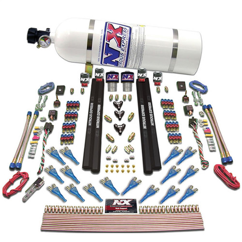 Nitrous Express 90208-15 - Shark Dual Stage/Gas/Rails 16 Nozzles Nitrous Kit (200-1200HP) w/15lb Bottle