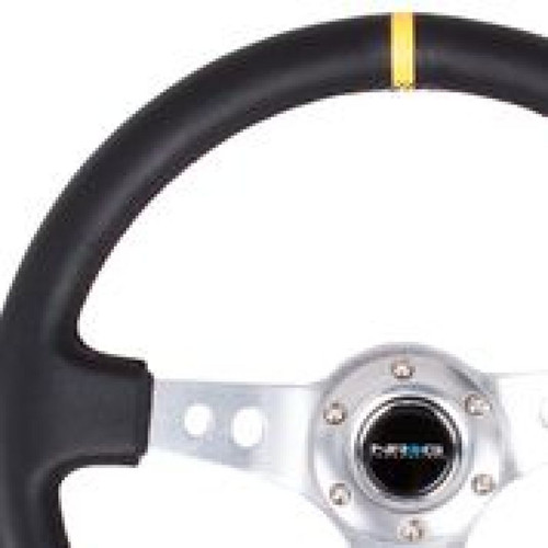 NRG RST-006SL-Y - Reinforced Steering Wheel (350mm / 3in. Deep) Blk Leather w/Circle Cut Spokes & Single Yellow CM