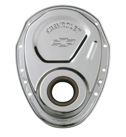 Proform 141-215 - Timing Chain Cover Chrome Steel With Chevy and Bowtie Logo SB Chevy 69-91 Chevrolet Performance Parts