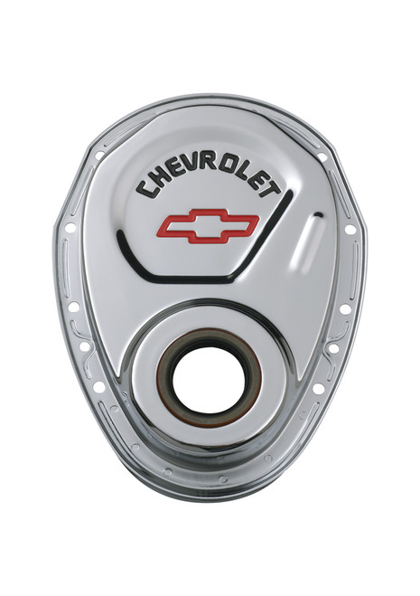 Proform 141-904 - Timing Chain Cover Chrome Steel With Chevy and Bowtie Logo Red SB Chevy 69-91 Chevrolet Performance Parts