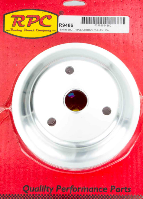 Racing Power Company R9486 - Crankshaft Pulley - V-Belt - 3 Groove - 6.6 in Diameter - Aluminum - Satin - Long Water Pump - Small Block Chevy - Each