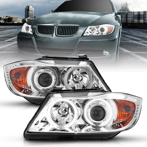 Anzo 121336 - 2006-2008 BMW 3 Series E90-E91 Projector Headlights w/ Halo w/ LED Bar Chrome (CCFL)