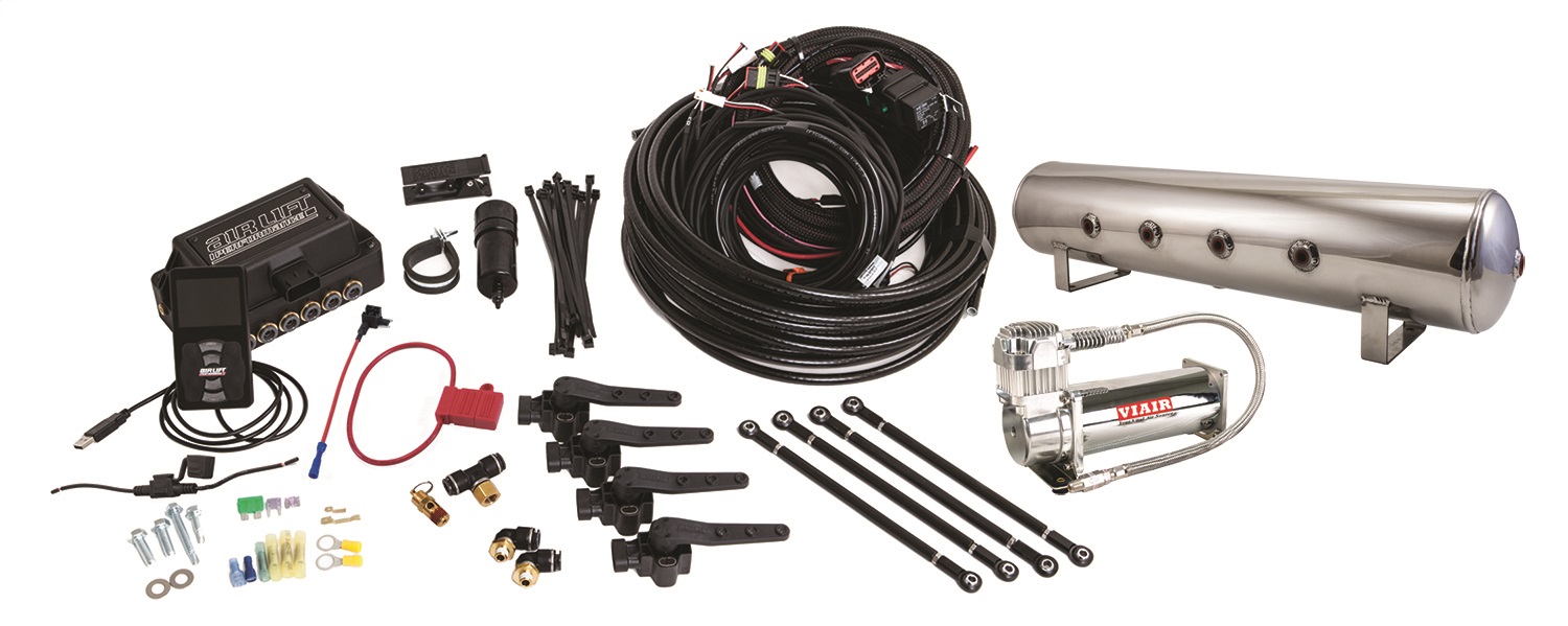 Air Lift 27799 - Performance 3H .375in Air Line, 4 Gallon 7-Port Lightweight Polished Aluminum Tank, VIAIR 444C Compressor