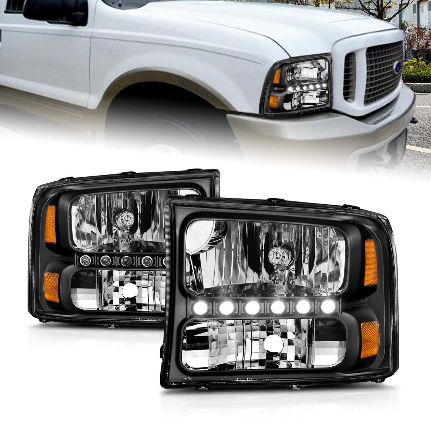 Anzo 111106 - 2000-2004 Ford Excursion Crystal Headlights Black w/ LED 1pc Anzo 111106 - 2000-2004 Ford Excursion Crystal Headlights Black w/ LED 1pc