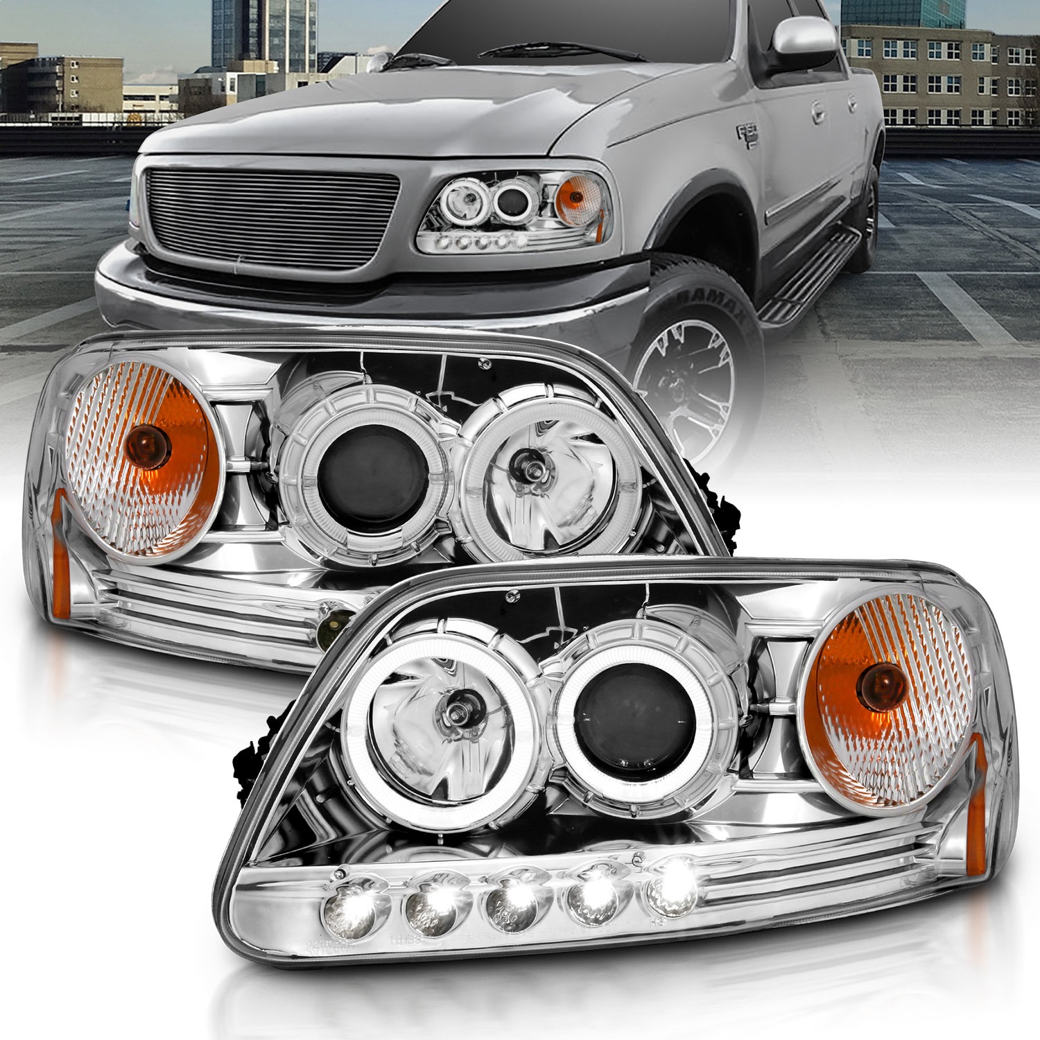 Anzo 111032 - 1997.5-2003 Ford F-150 Projector Headlights w/ Halo and LED Chrome 1pc