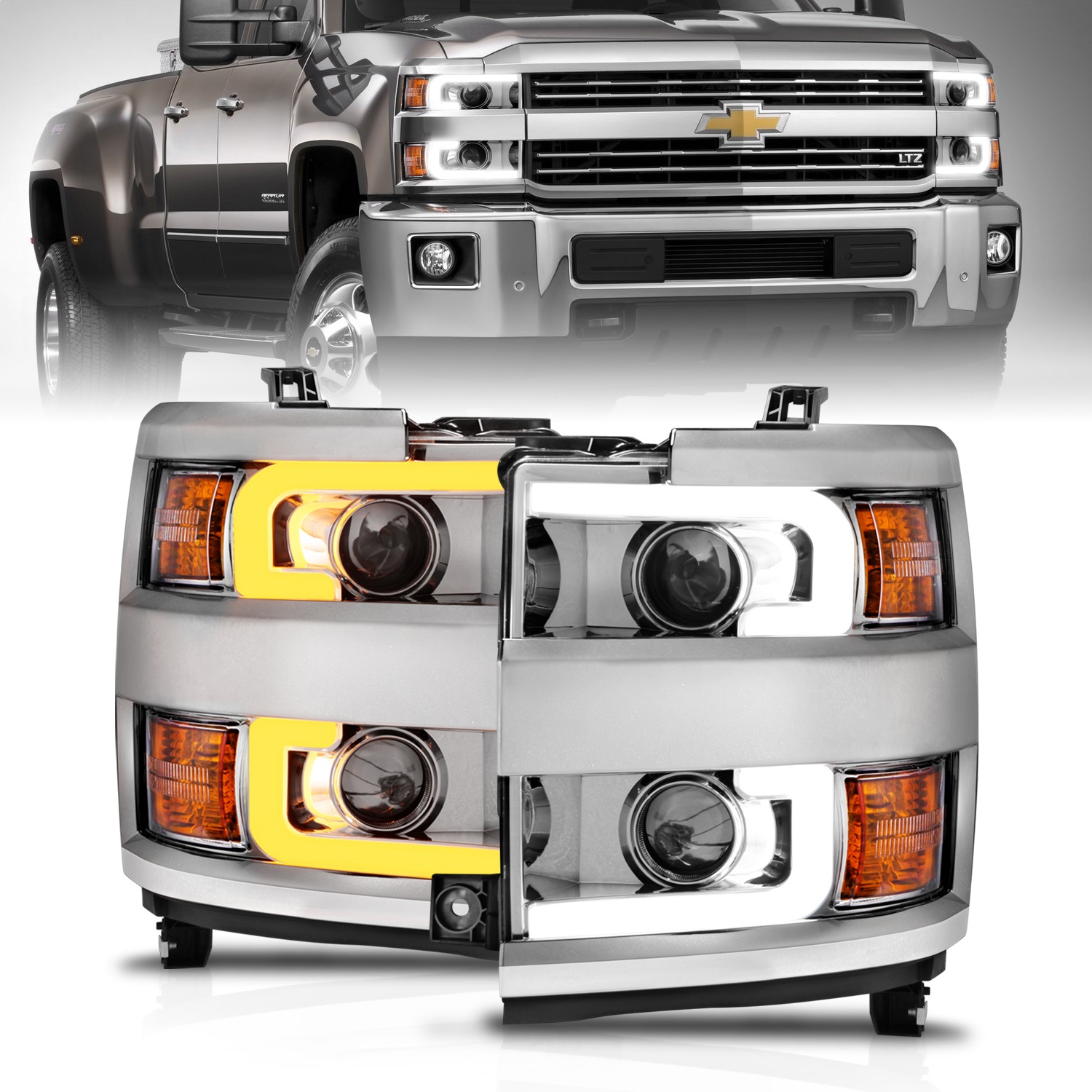 Anzo 111366 - Projector Headlights 15-17 Chevrolet Silverado 2500HD / 3500HD Chrome w/ Chrome Rim