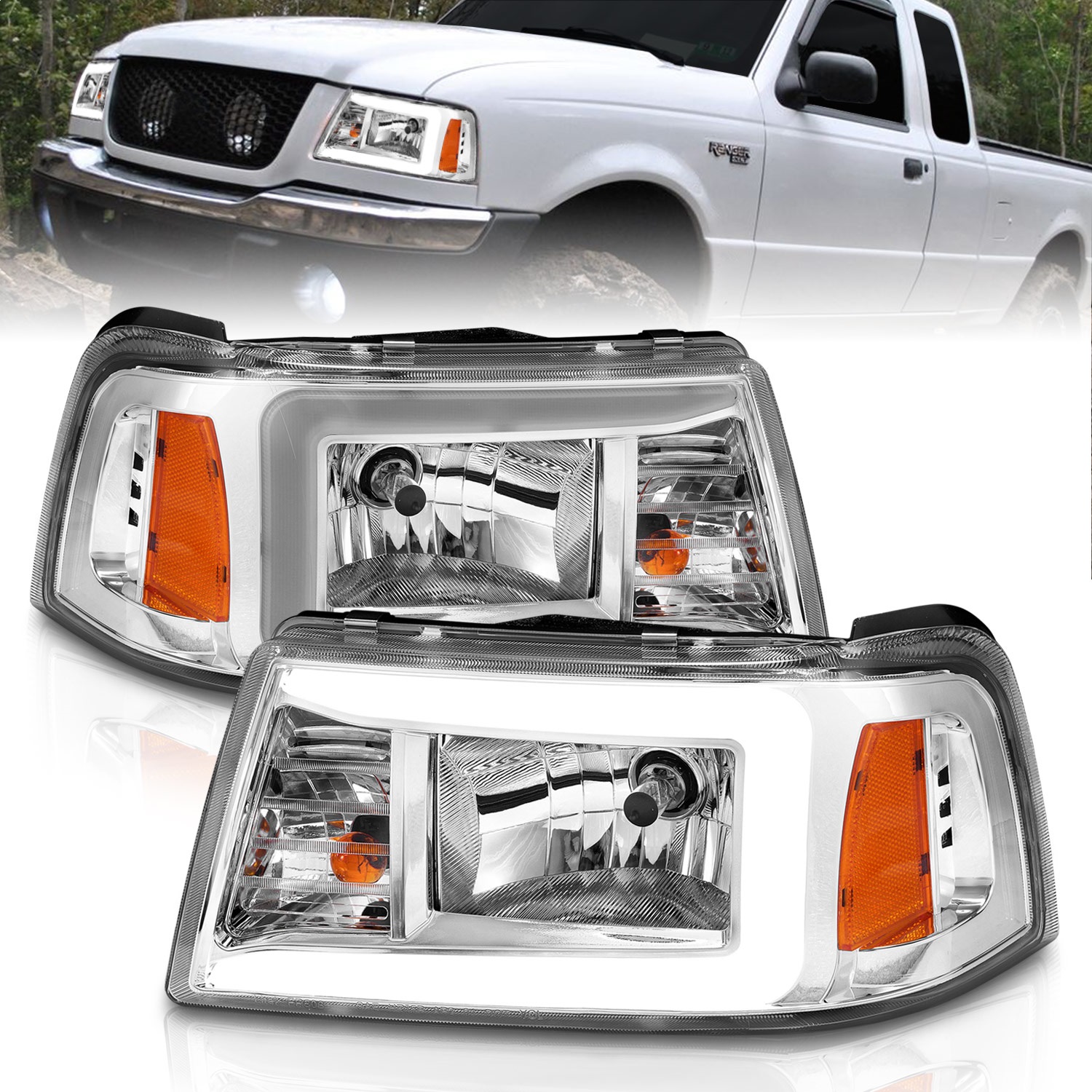 Anzo 111512 - 2001-2011 Ford Ranger Crystal Headlights w/ Light Bar Chrome Housing Anzo 111512 - 2001-2011 Ford Ranger Crystal Headlights w/ Light Bar Chrome Housing