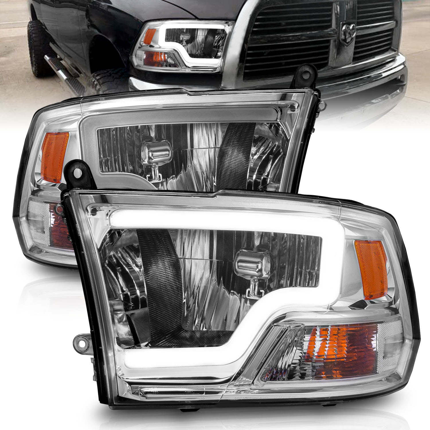 Anzo 111516 - 2009-2018 Dodge Ram 1500/ 2500/ 3500 Crystal Headlights w/ Light Bar Chrome Housing