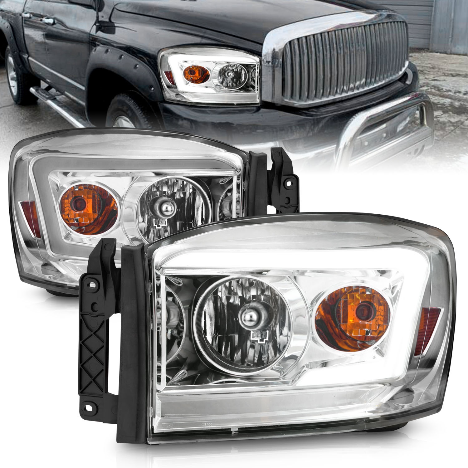 Anzo 111525 - 06-09 Dodge RAM 1500/2500/3500 Headlights Chrome Housing/Clear Lens (w/ Light Bars)
