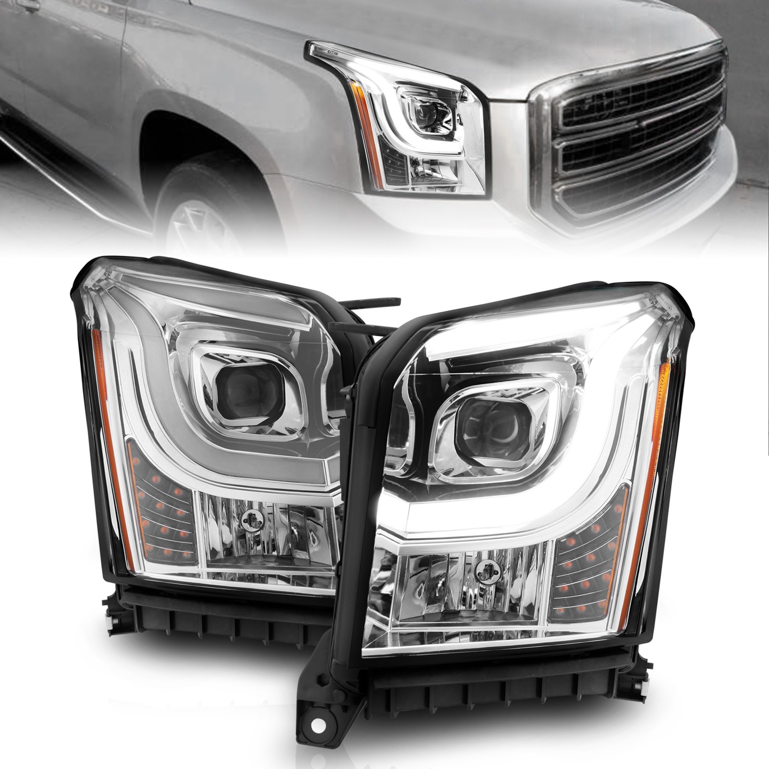 Anzo 111536 - 2015-2017 GMC Yukon XL Projector Headlights W Lightbar - Chrome/Amber