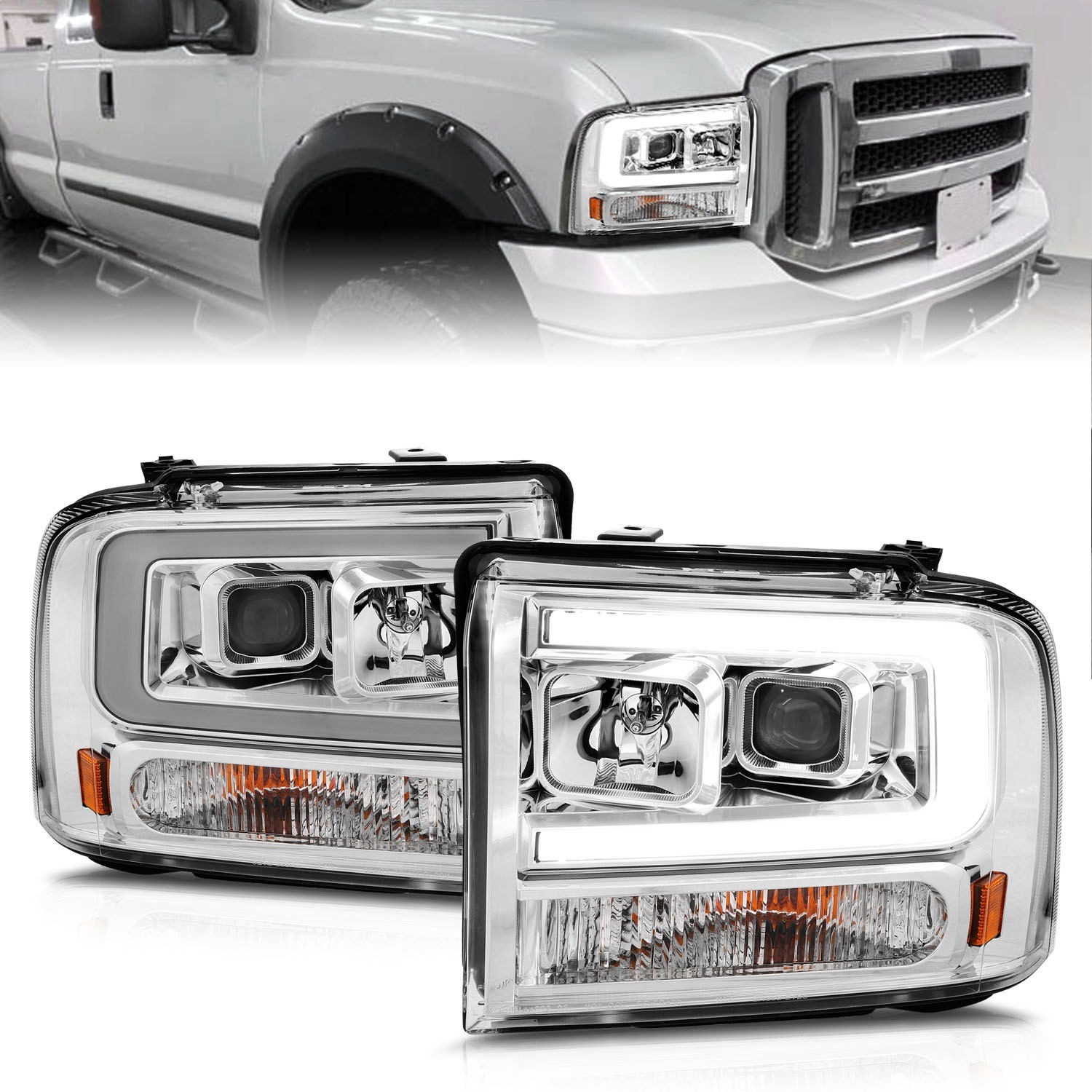 Anzo 111552 - 99-04 Ford F250/F350/F450/Excursion (excl 99) Projector Headlights - w/Light Bar Chrome Housing Anzo 111552 - 99-04 Ford F250/F350/F450/Excursion (excl 99) Projector Headlights - w/Light Bar Chrome Housing