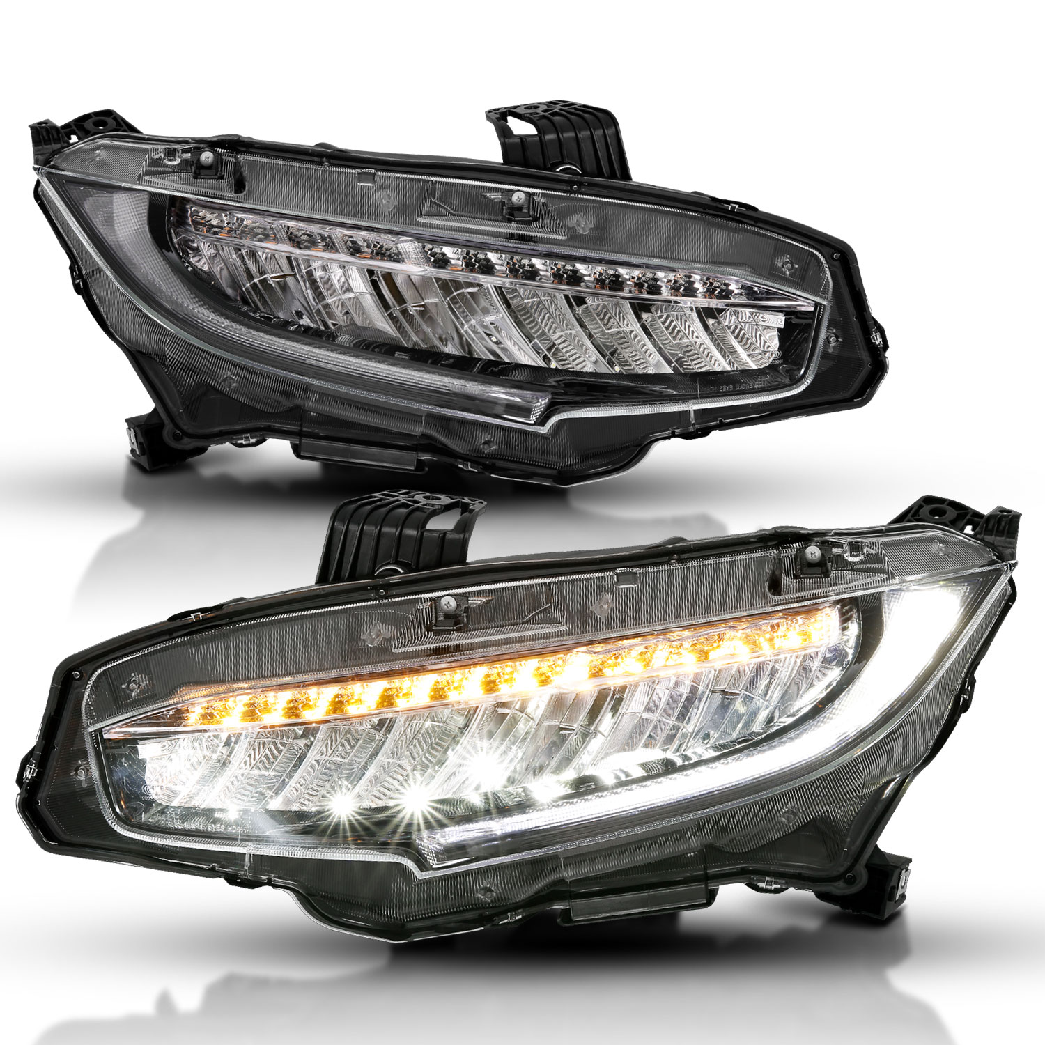 Anzo 121527 - 16-17 Honda Civic Projector Headlights Plank Style Black w/Amber/Sequential Turn Signal
