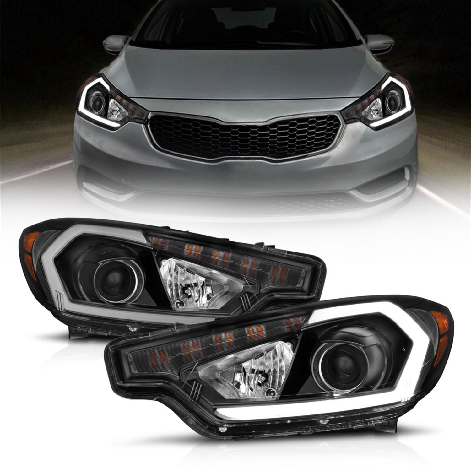 Anzo 121562 - 2014-2016 Kia Forte Projector Headlights w/ Light Bar Black Housing w/ DRL Anzo 121562 - 2014-2016 Kia Forte Projector Headlights w/ Light Bar Black Housing w/ DRL