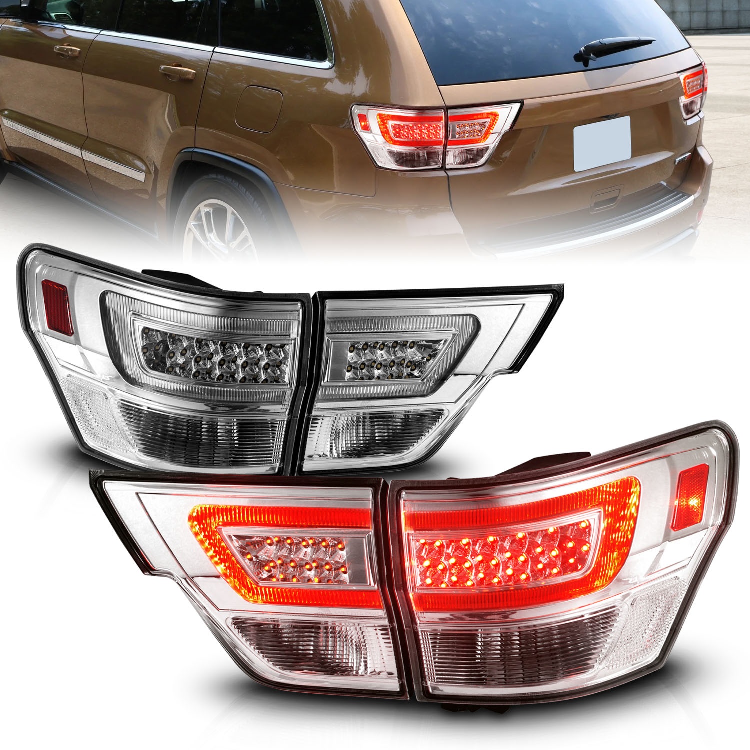Anzo 311441 - 11-13 Jeep Grand Cherokee LED Taillights w/ Lightbar Chrome Housing/Clear Lens 4pcs Anzo 311441 - 11-13 Jeep Grand Cherokee LED Taillights w/ Lightbar Chrome Housing/Clear Lens 4pcs