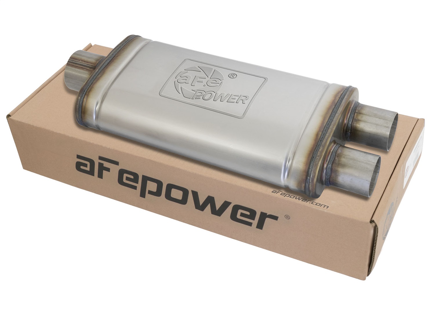 aFe Power 49M00018 - MACHForce XP SS Muffler 3in Center Inlet / 2.5in Dual Outlets 18in L x 9in W x4in H Body aFe Power 49M00018 - MACHForce XP SS Muffler 3in Center Inlet / 2.5in Dual Outlets 18in L x 9in W x4in H Body