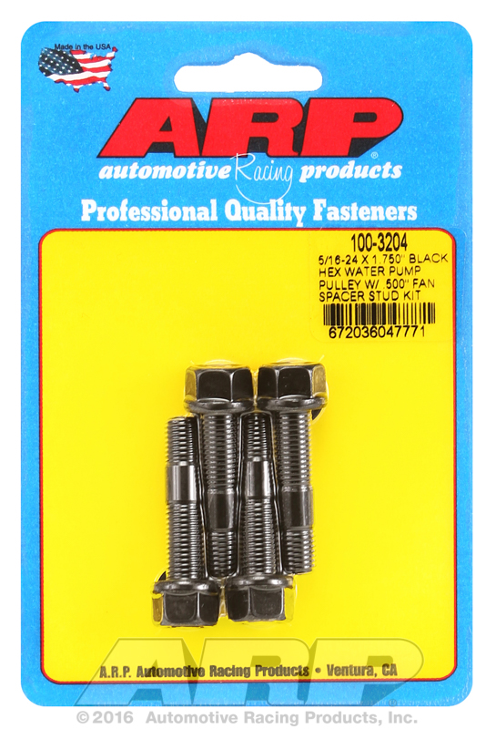 ARP 100-3204 - 5/16-24 X 1.750 Black Hex Water Pump Pulley w/ .500in Fan Spacer Stud Kit ARP 100-3204 - 5/16-24 X 1.750 Black Hex Water Pump Pulley w/ .500in Fan Spacer Stud Kit
