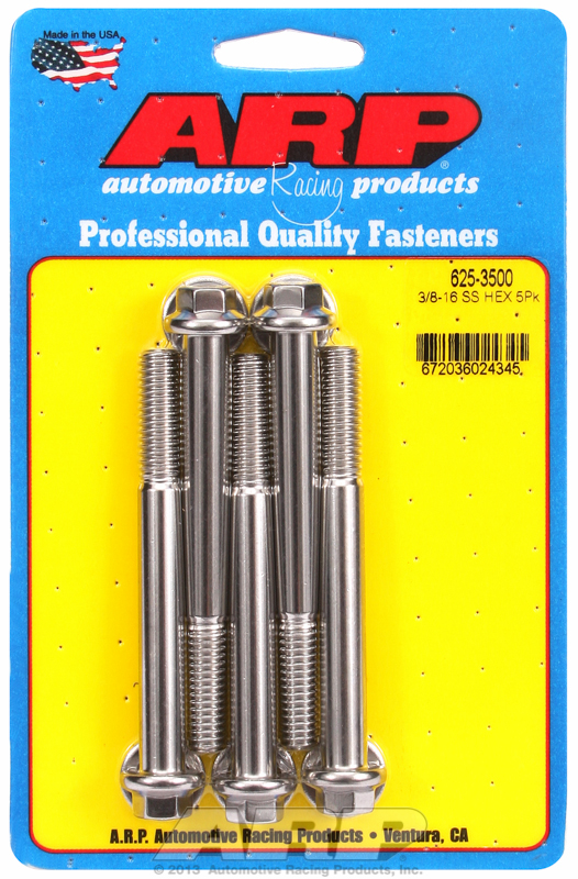 ARP 625-3500 - 3/8-16 x 3.500 Hex 7/16 SS Bolts (5/pkg) ARP 625-3500 - 3/8-16 x 3.500 Hex 7/16 SS Bolts (5/pkg)