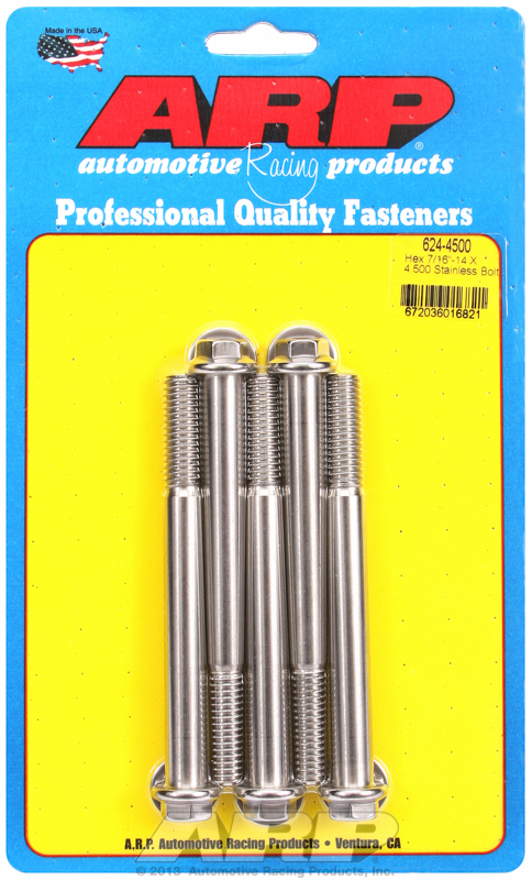 ARP 624-4500 - 7/16-14 X 4.500 hex 1/2 wrenching SS bolts ARP 624-4500 - 7/16-14 X 4.500 hex 1/2 wrenching SS bolts